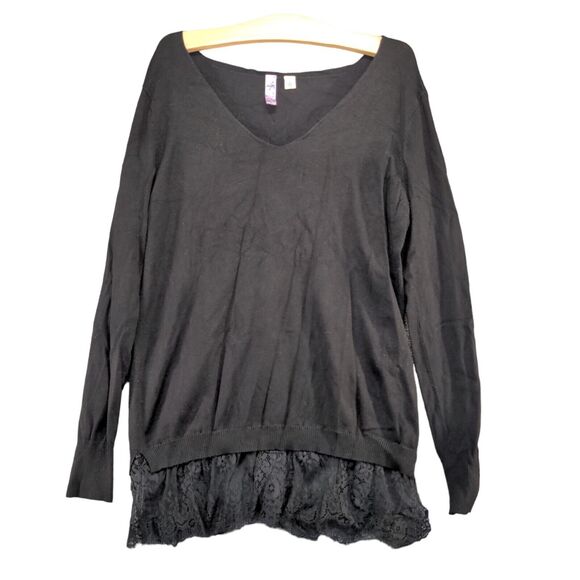 Alya Women's Tunic Sweater Black Large Long Sleeve Lace Hem Rayon V-Neck - Picture 1 of 12